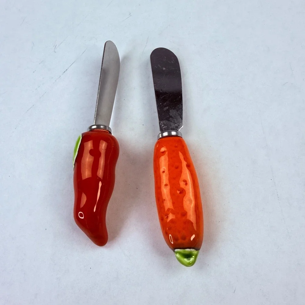 Vintage Knobler Japan Stainless Ceramic Vegetable Cheese Spreaders‎ Chili Carrot